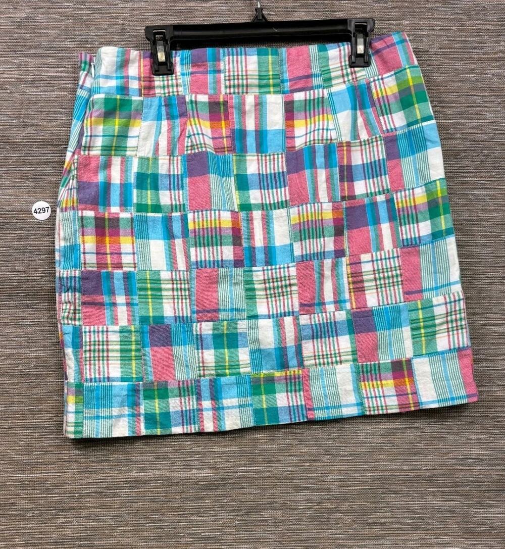 Talbots Petite Madras Patchwork Plaid Mini Skirt Size 14P Blue Green Pink
